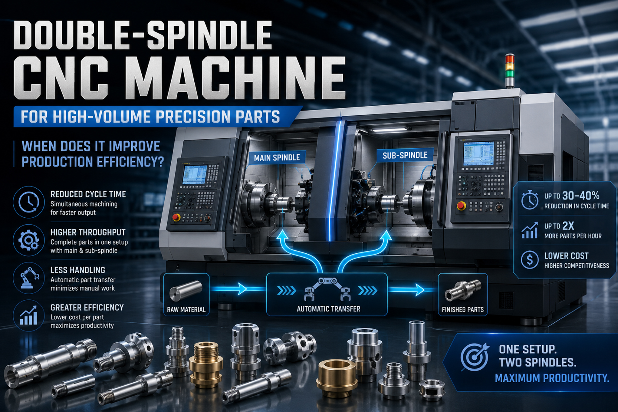 Double-Spindle CNC Machine for High-Volume Precision Parts: When Does it Improve Production Efficiency?
