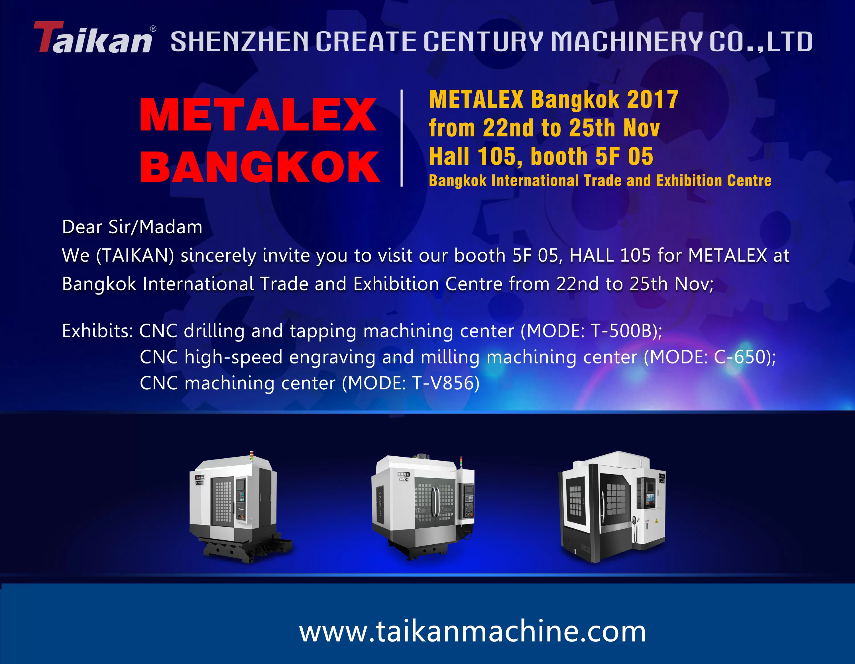 Taikan will attend METALEX 2017 in Bangkok Thailand